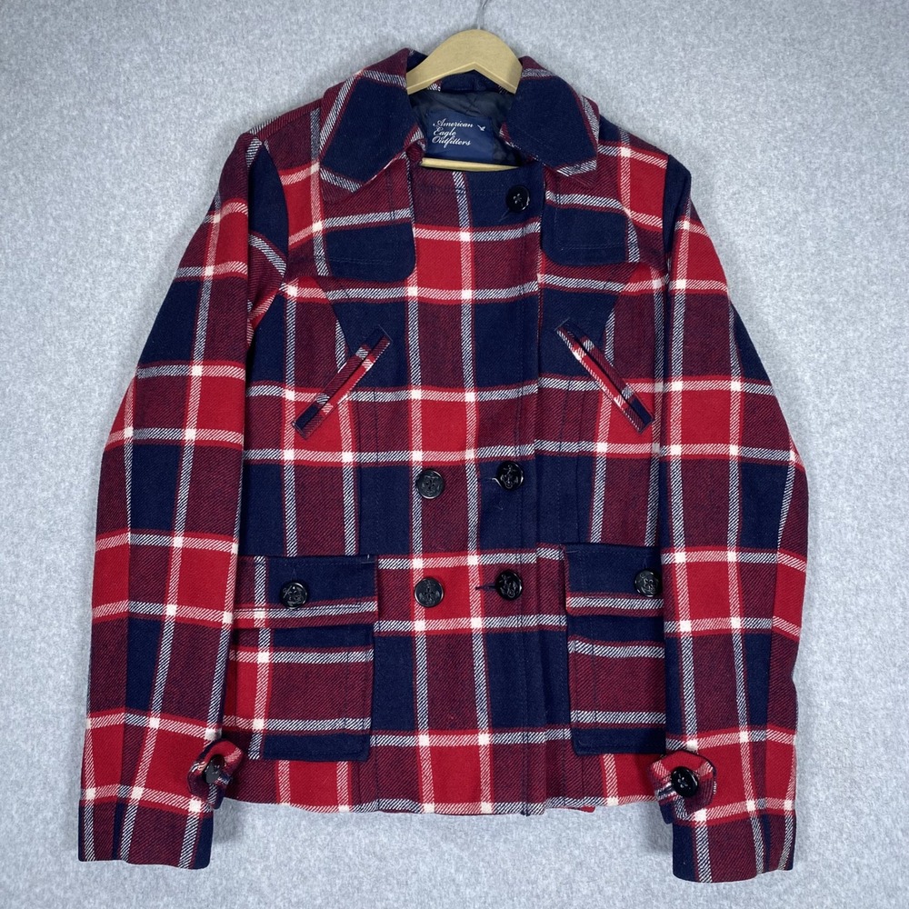 Vintage American Eagle Peacoat Womens Large Red Plaid Wool Blend Jacket